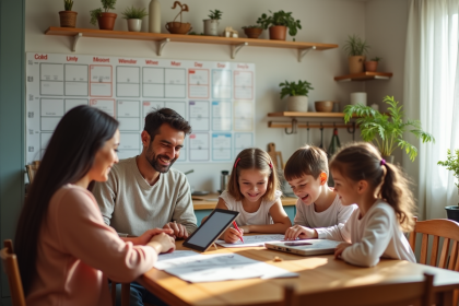 Famille organisée autour d'une table de cuisine lumineuse