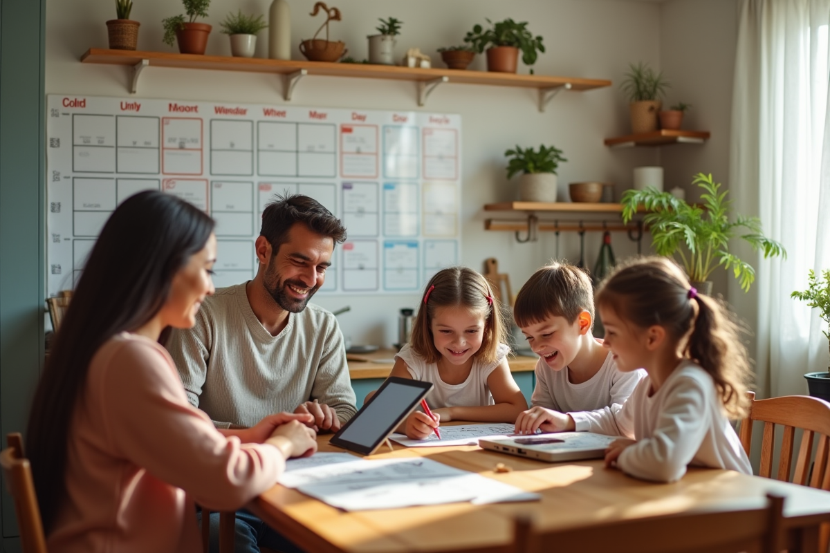Famille organisée autour d'une table de cuisine lumineuse
