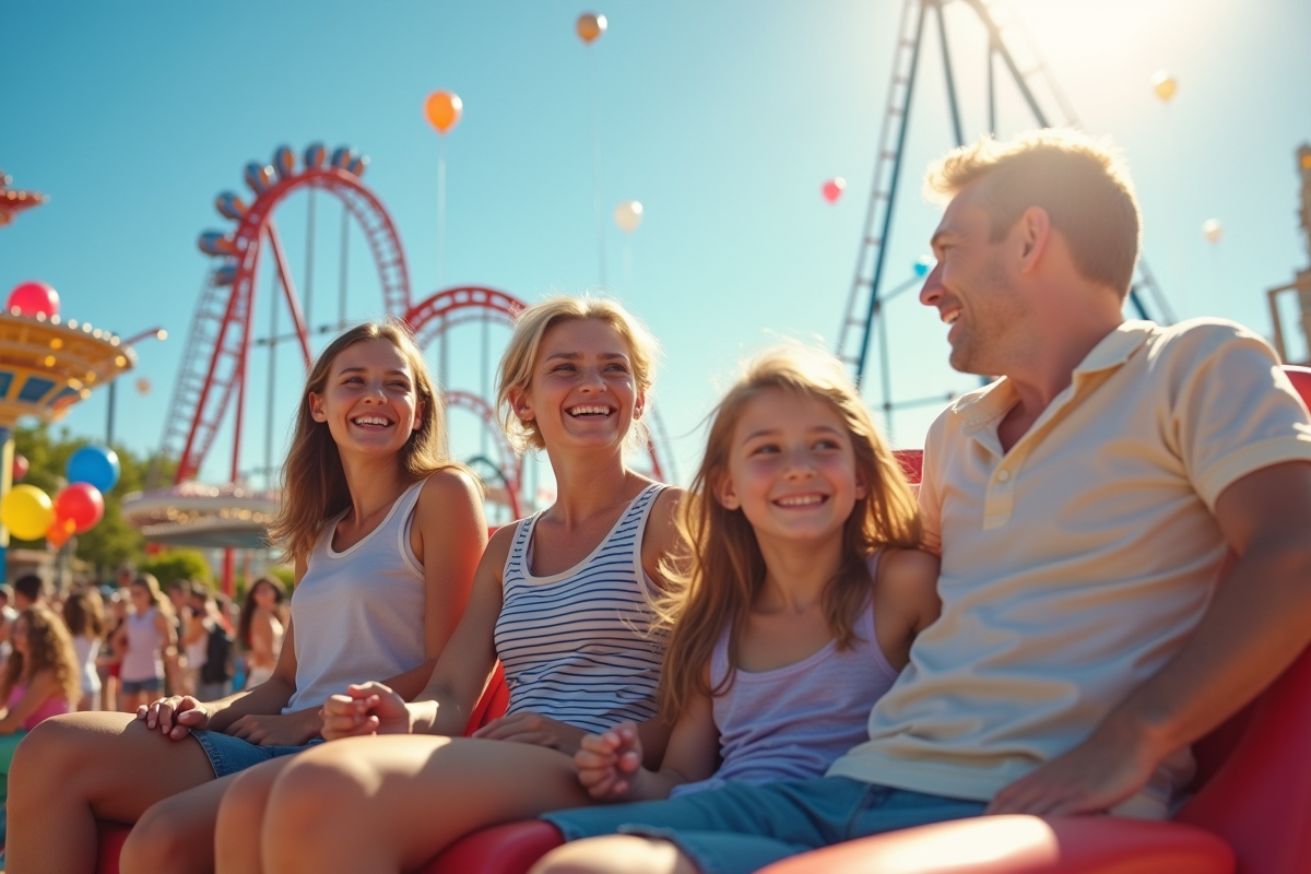 Famille heureuse profitant d'une journée ensoleillée au parc d'attractions