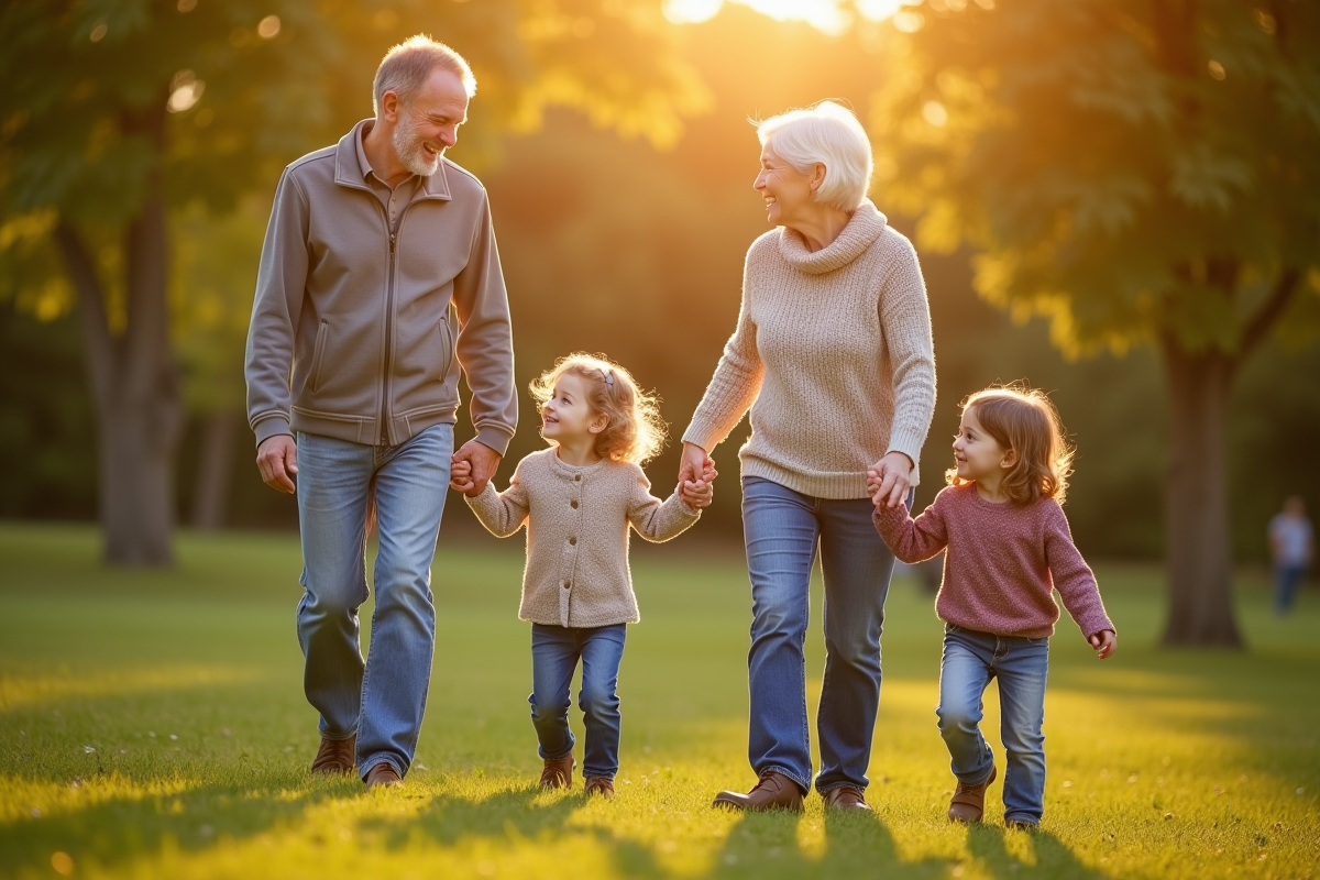 Couple et enfants se promenant dans un parc en fin de journée