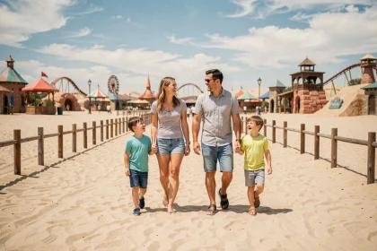 Famille souriante se promenant dans le parc Mer de Sable par une journée ensoleillée