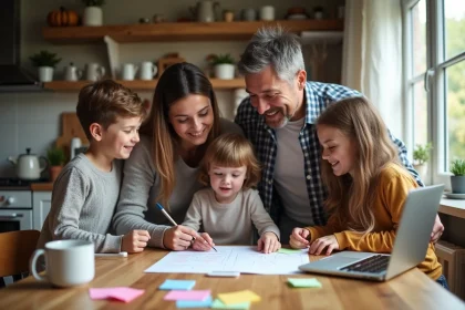 Famille recomposée autour d'une table de cuisine consultant une liste de naissance pour bébé sur ordinateur portable