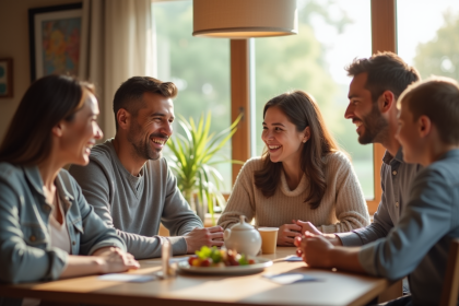 Famille heureuse autour d'une table en lumière naturelle