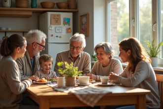 Famille multigenerational réunie à table en cuisine lumineuse