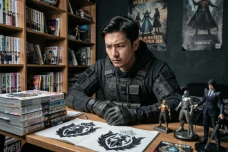 Fan passionné entouré de mangas et figurines de la famille Zoldyk dans une chambre sombre et immersive