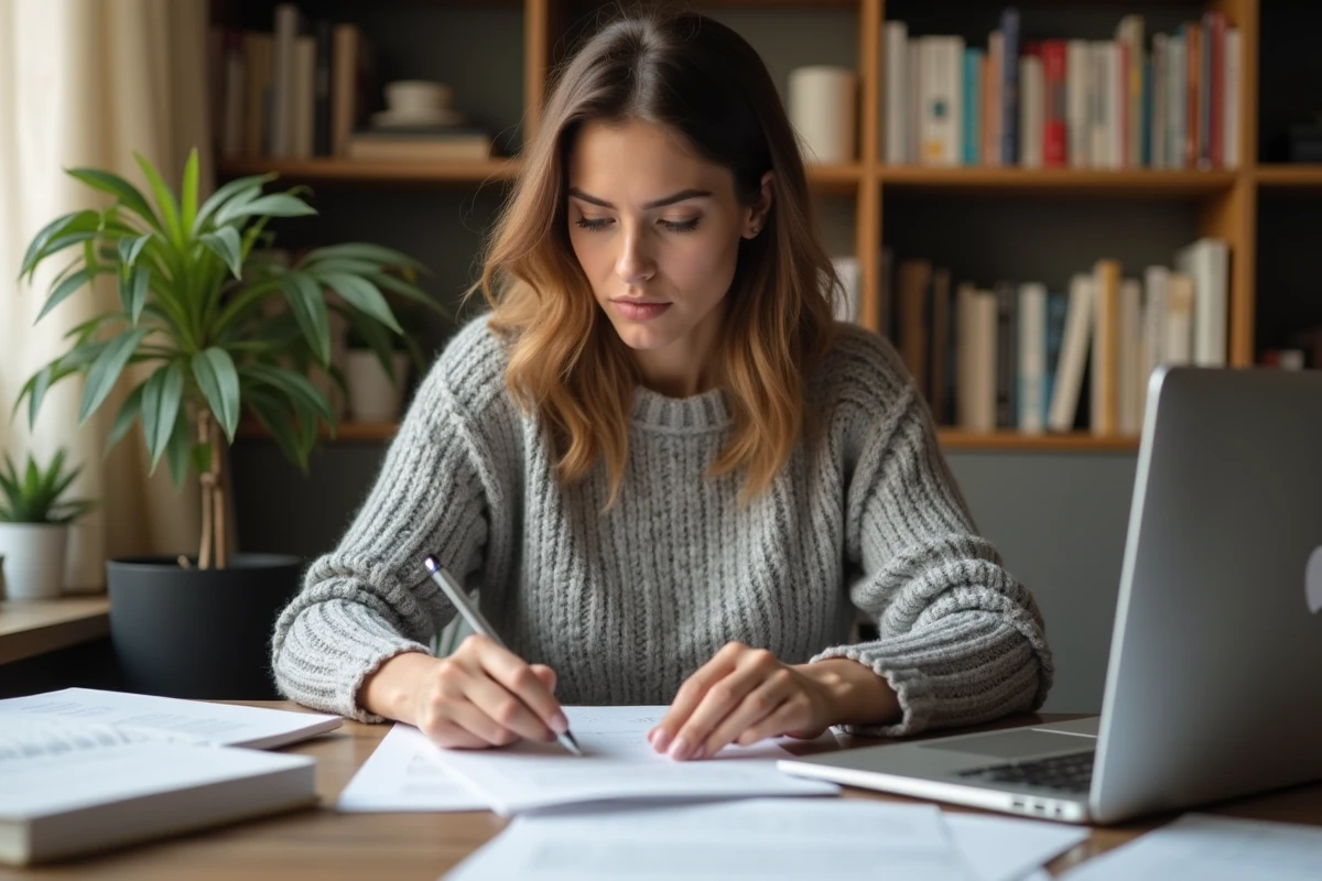 Femme concentrée à son bureau à domicile, évoquant l'espace privé et la frontière entre vie publique et personnelle