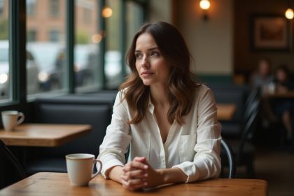 Femme assise dans un café urbain avec expression réfléchie