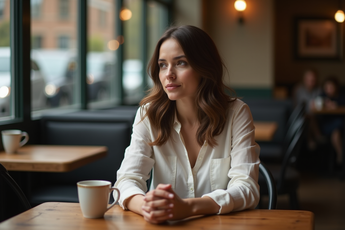 Femme assise dans un café urbain avec expression réfléchie