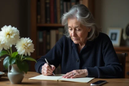 Femme écrivant une lettre de condoléances à la main sur du papier crème, assise à un bureau en bois avec des chrysanthèmes blancs en arrière-plan
