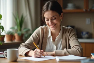 Femme souriante écrivant une note dans une cuisine chaleureuse