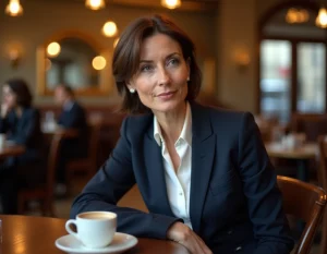 Femme élégante dans un café parisien, portrait intimiste illustrant la vie privée d'une journaliste reconnue