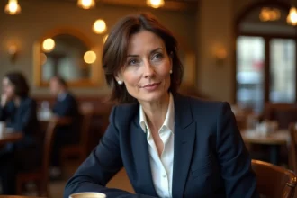 Femme élégante dans un café parisien, portrait intimiste illustrant la vie privée d'une journaliste reconnue