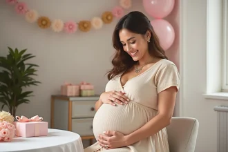 Femme enceinte souriante portant un collier bola lors d'une baby shower