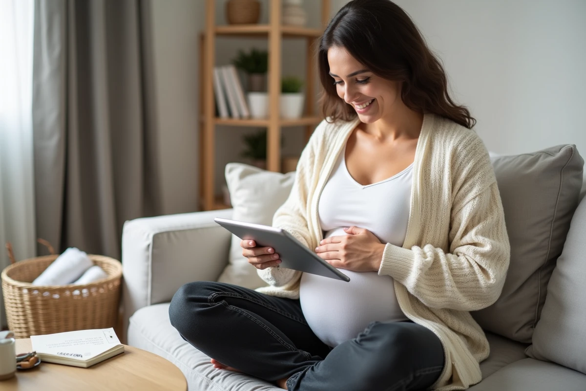 Femme enceinte consultant sa liste de naissance Minipouce sur tablette dans un salon cosy