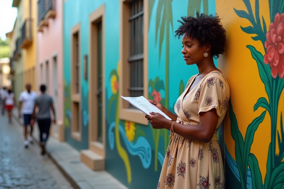 Femme martiniquaise tenant une liste de prénoms devant une fresque murale culturelle à Fort-de-France