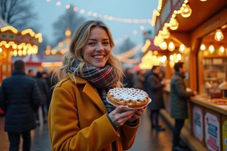 Femme dégustant une gaufre sucrée à la Foire aux Manèges de Lille en hiver