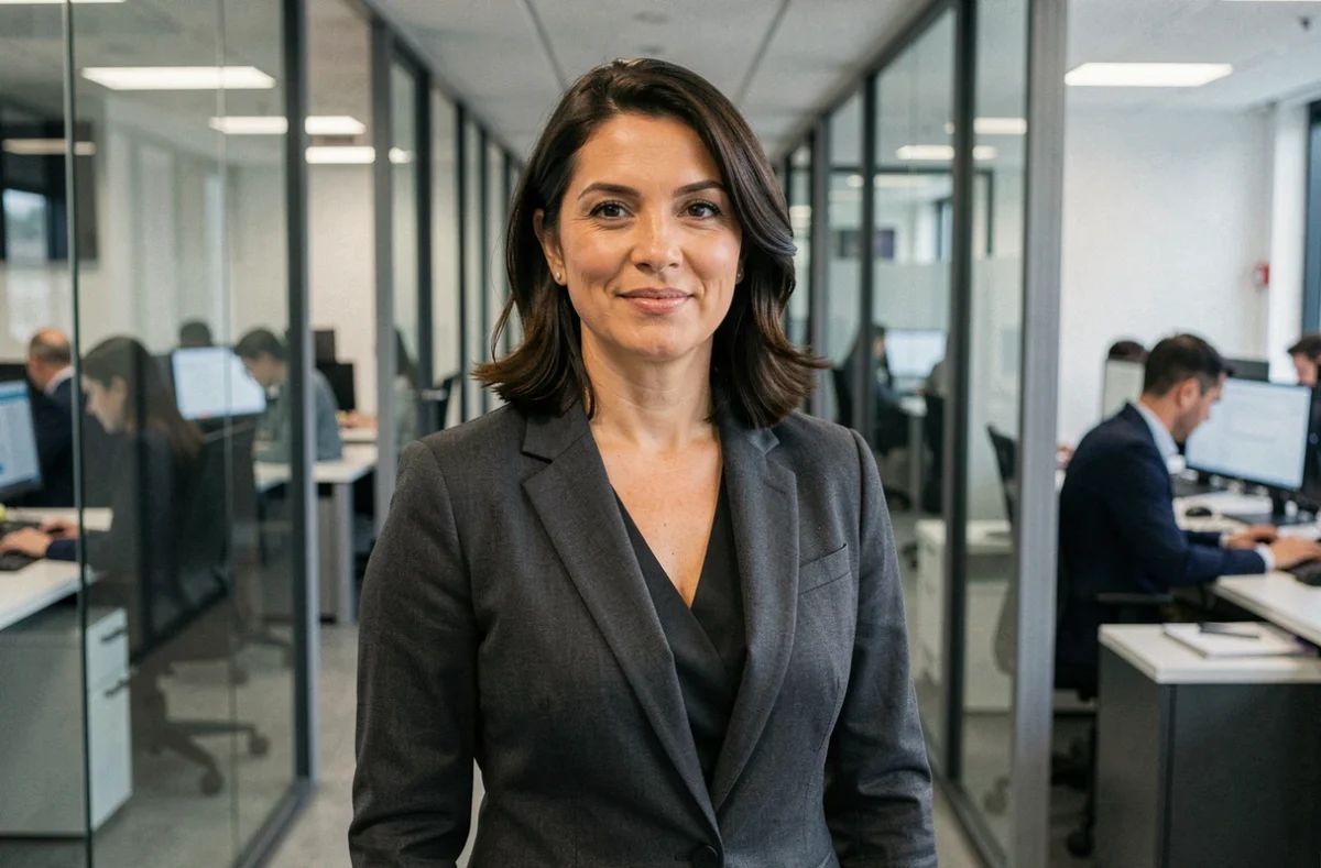 Femme journaliste dans un couloir de salle de rédaction moderne, regard calme et déterminé sur la vie médiatique