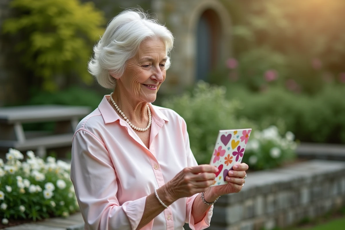 Une femme âgée souriante tient une carte dans un jardin printanier
