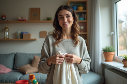 Femme souriante ployant du linge dans un salon cosy