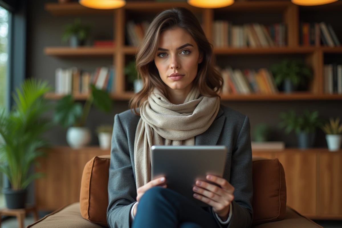 Femme élégante lisant une tablette dans un intérieur chaleureux