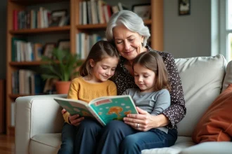 Femme âgée lisant une histoire à ses enfants dans un salon chaleureux