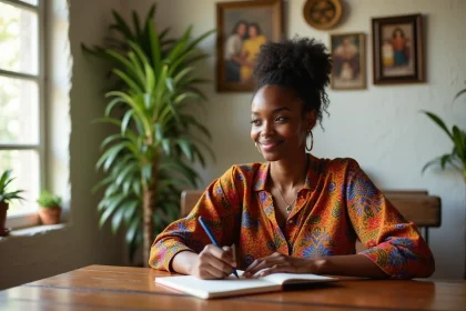 Jeune femme martiniquaise en blouse madras écrivant des prénoms dans un carnet, intérieur caribéen traditionnel