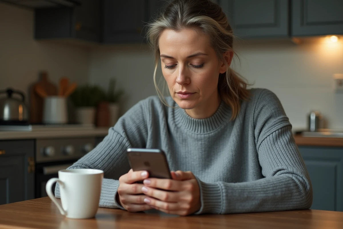 Femme d'âge mûr assise seule dans une cuisine tenant un smartphone, visage calme et pensif en train d'écrire un message après le décès de son grand-père