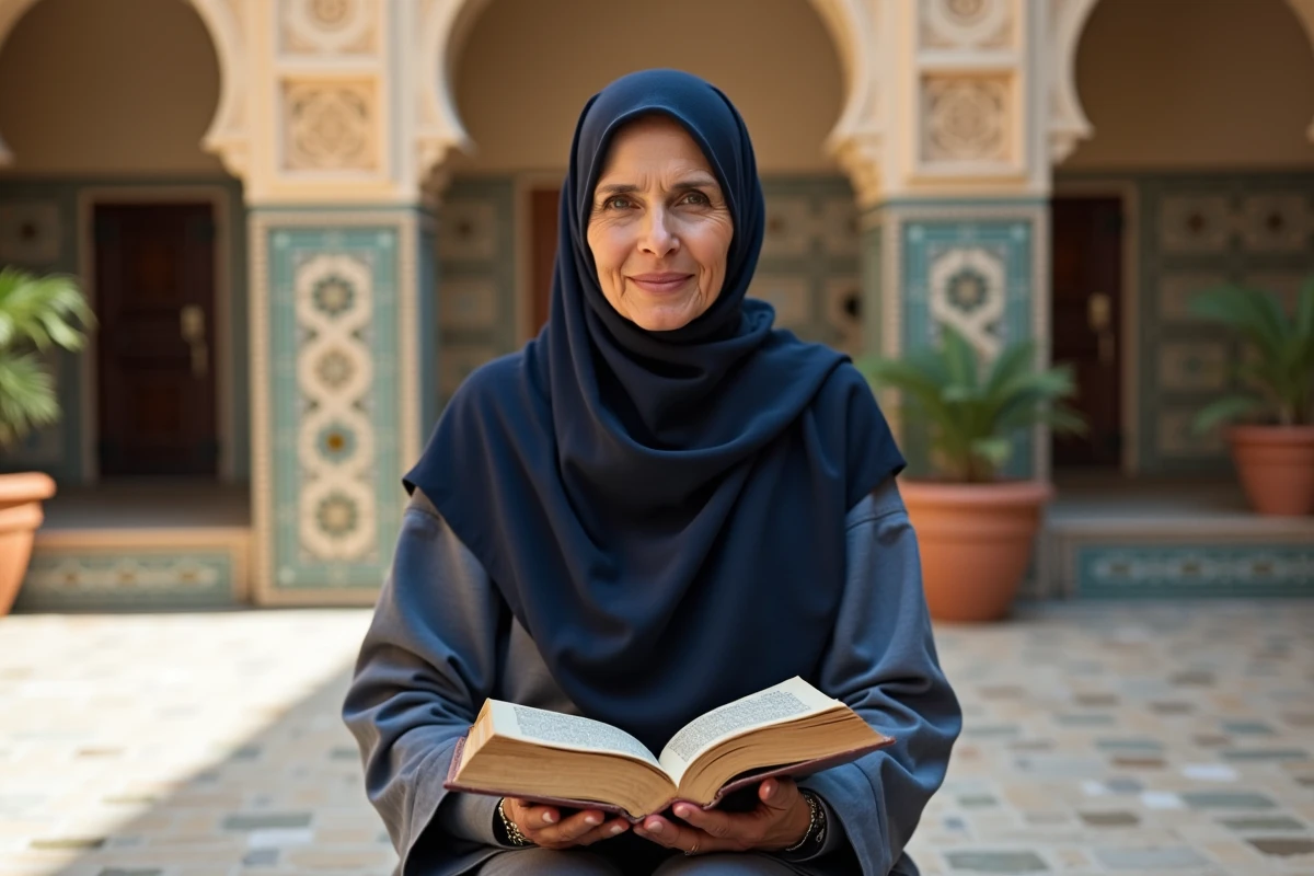 Une femme musulmane consulte un ouvrage sur l'histoire de la famille du Prophète Mohammed dans un patio historique d'un centre du patrimoine islamique
