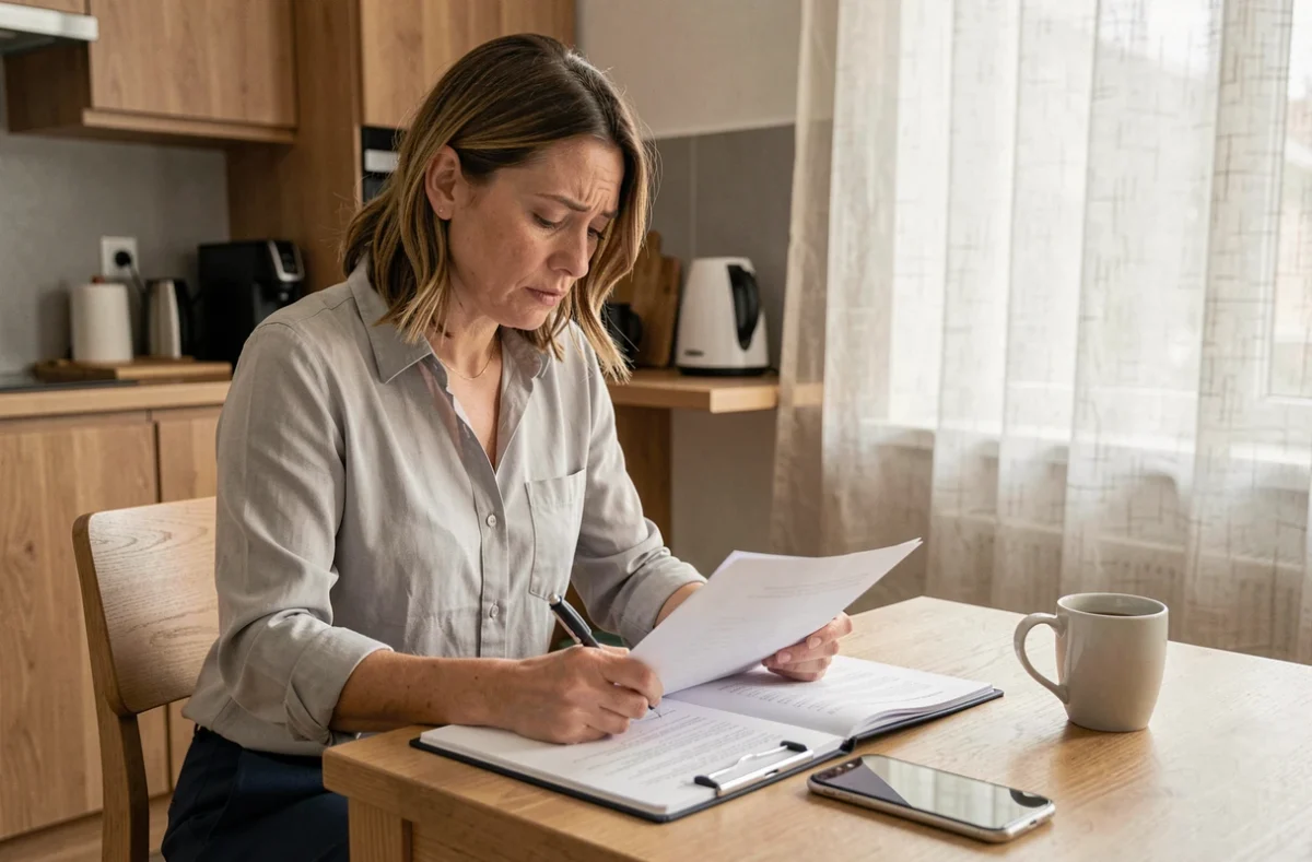 Femme étudiant des documents juridiques sur l'obligation alimentaire et la pension alimentaire à son domicile