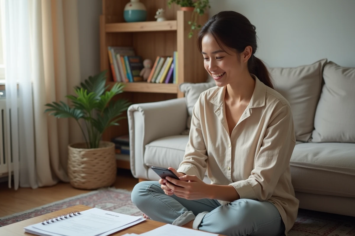 Femme parent solo utilisant son smartphone pour effectuer ses démarches CAF depuis son domicile