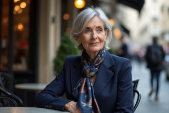 Femme élégante dans un café parisien en extérieur