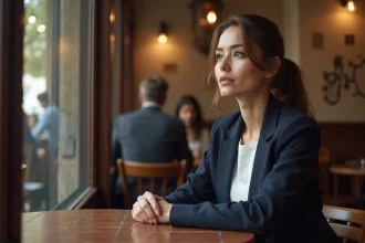 Femme pensive seule dans un café parisien, illustrant la vie privée et l'intimité personnelle