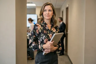 Femme professionnelle dans un couloir de bureau tenant un dossier, expression réfléchie et posture assurée, illustrant la question de la vie privée au travail