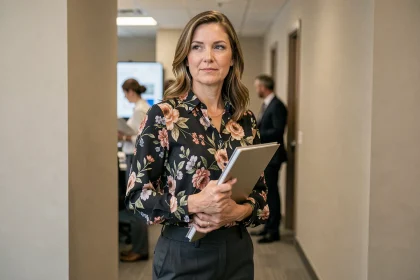 Femme professionnelle dans un couloir de bureau tenant un dossier, expression réfléchie et posture assurée, illustrant la question de la vie privée au travail