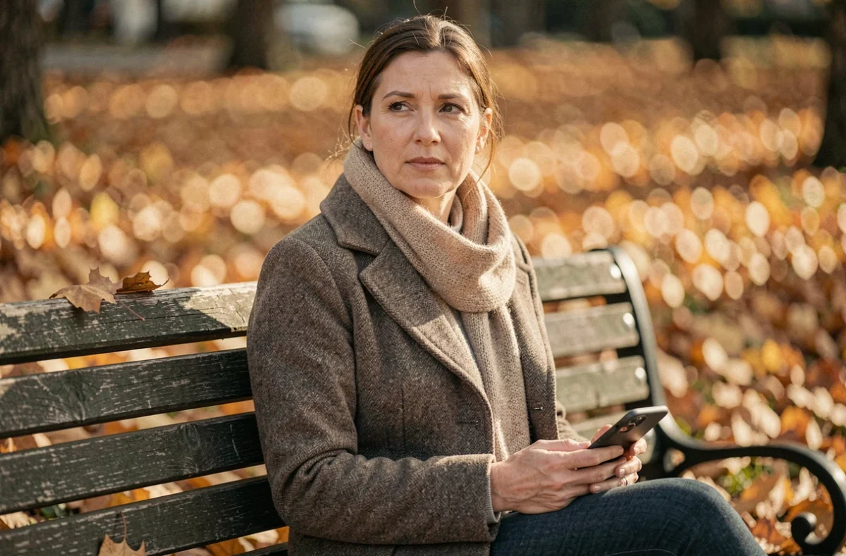 Femme assise seule sur un banc en automne tenant un smartphone éteint, symbolisant la réflexion sur la vie privée et les questions indiscrètes