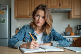 Femme en réflexion dans une cuisine moderne