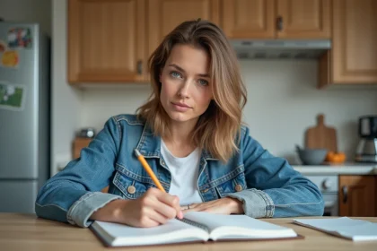 Femme en réflexion dans une cuisine moderne