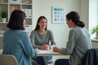 Femme en entretien avec une travailleuse sociale dans un bureau