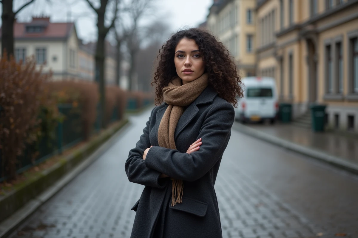 Femme contemplative dans une rue urbaine en hiver