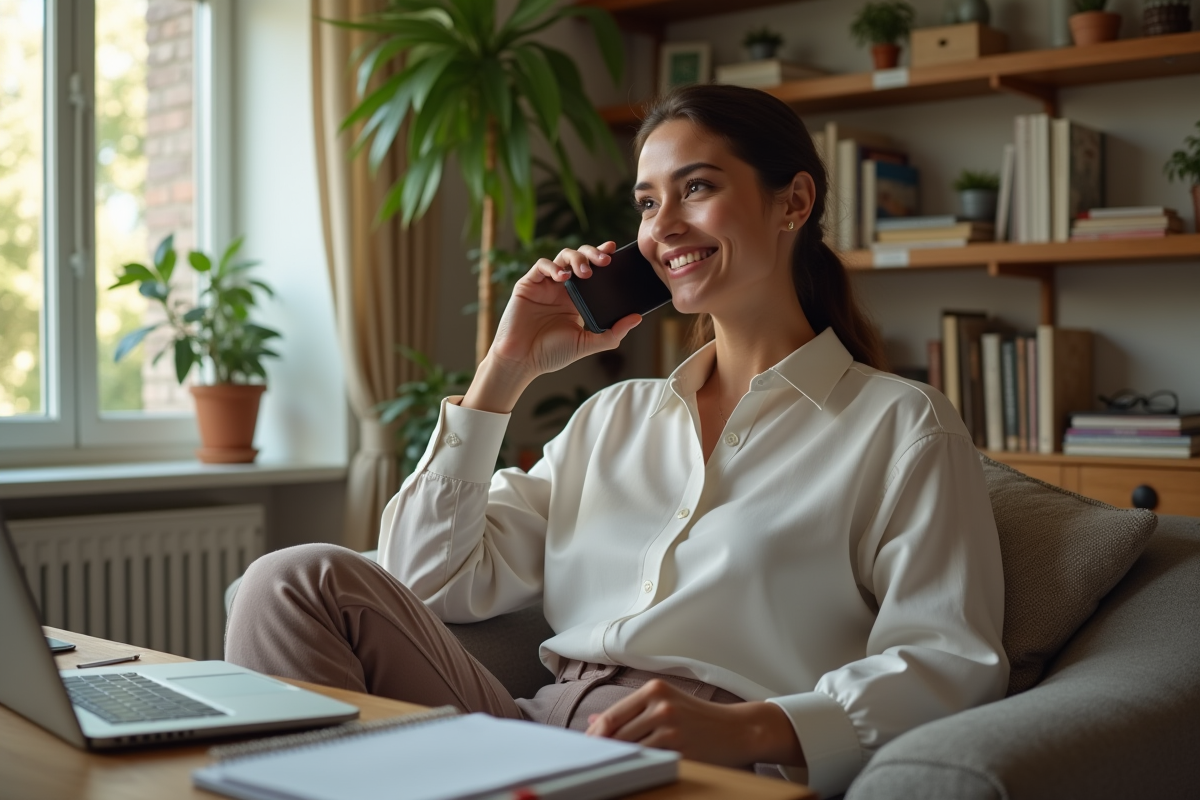 Femme souriante au téléphone dans un salon lumineux
