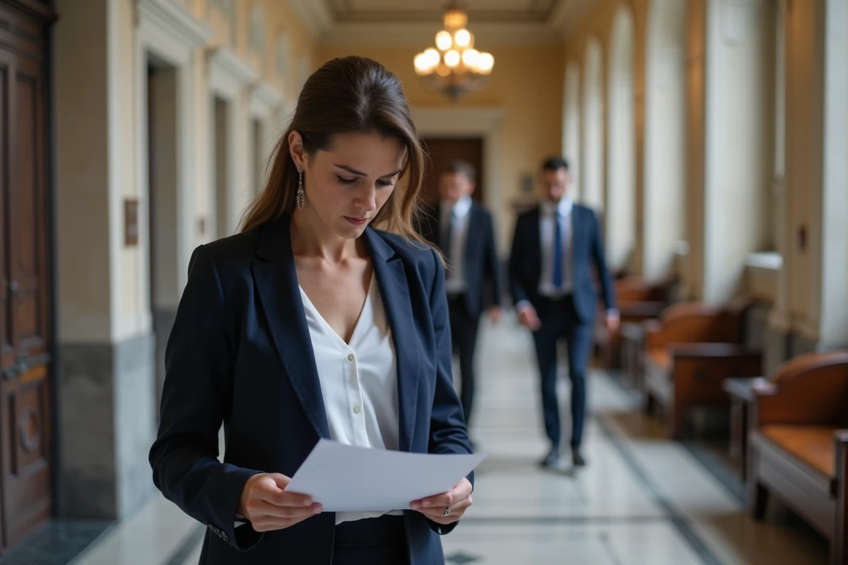 Femme tenant des documents juridiques dans un couloir de tribunal, contexte de procédure de garde d'enfant, atmosphère légale et émotionnelle