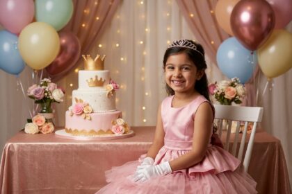 Petite fille en robe de princesse rose assise devant un gâteau d'anniversaire décoré pour une fête thème princesse