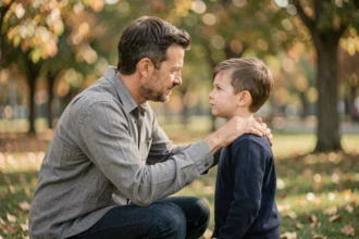 Père agenouillé face à son fils dans un parc en automne, partageant un moment de complicité bienveillante malgré la séparation familiale