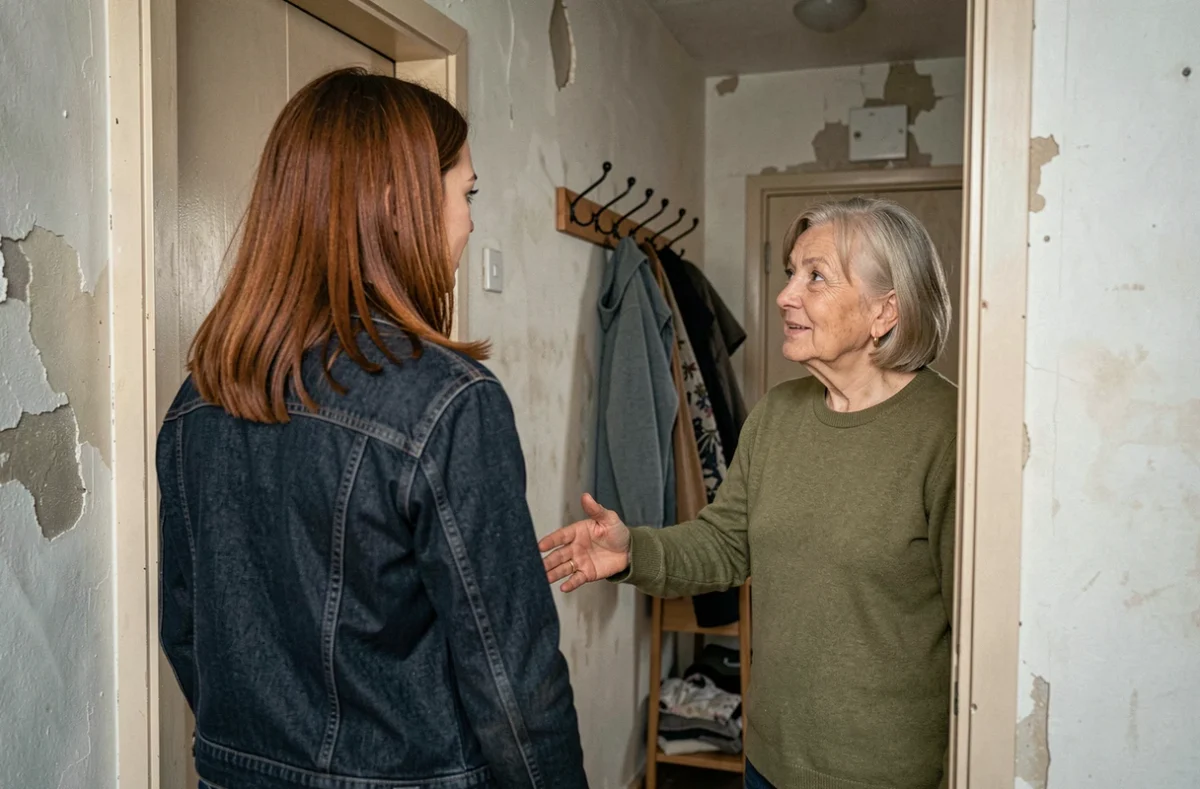Jeune femme adulte tournant le dos à sa mère dans un couloir d'appartement tandis que la mère tend la main dans un geste de réconciliation