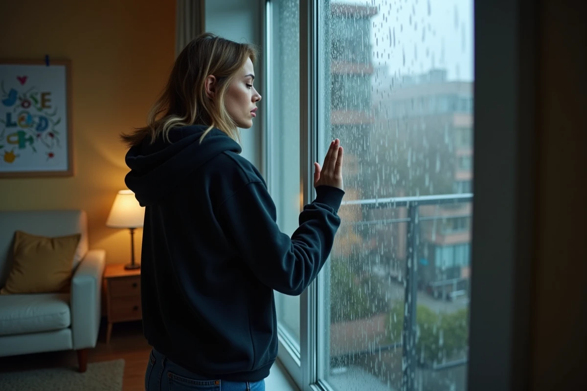 Jeune femme adulte pensive debout près d'une fenêtre sous la pluie dans un appartement moderne, exprimant frustration et vulnérabilité