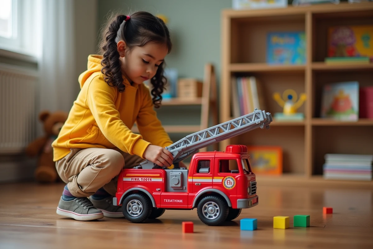 Fille concentrée manipulant une échelle de camion de pompier en intérieur