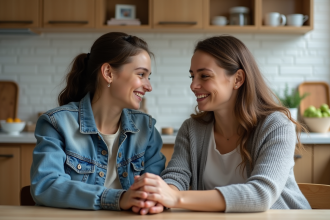 Fille adolescente et mère dans une cuisine chaleureuse