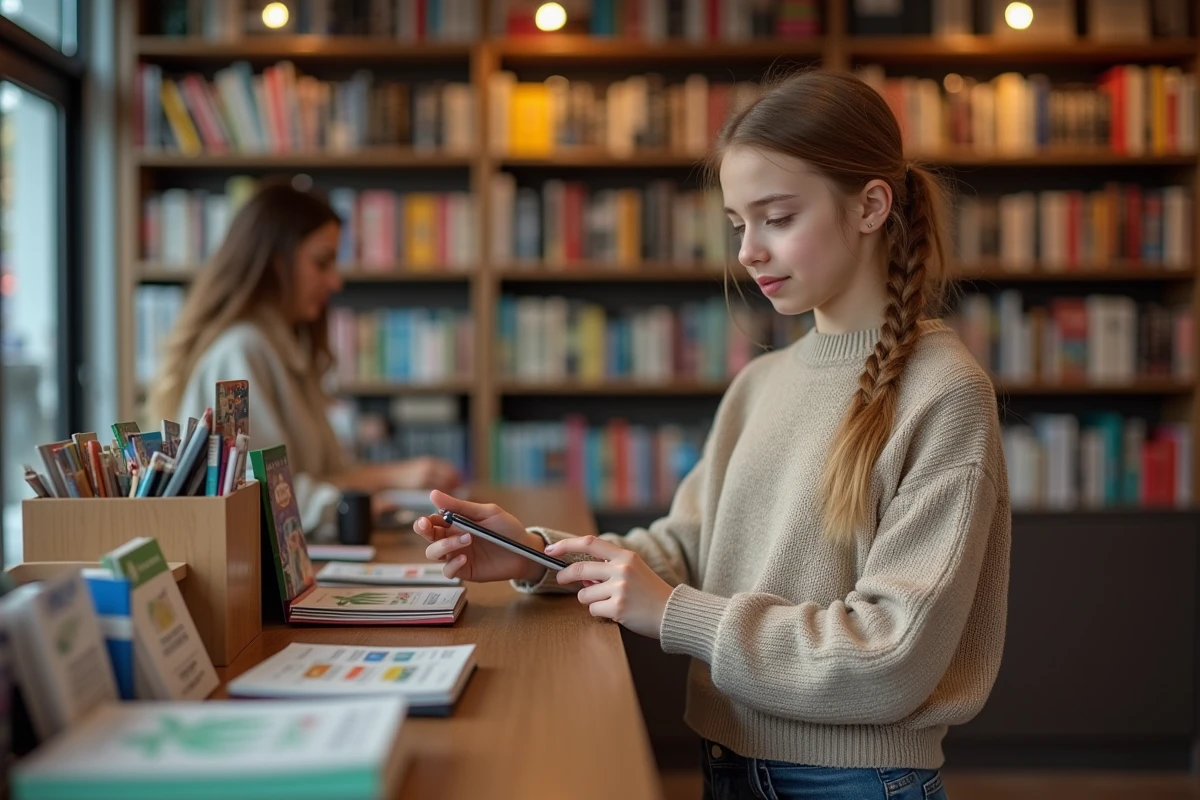Fille de 15 ans effectuant un paiement sans contact en librairie