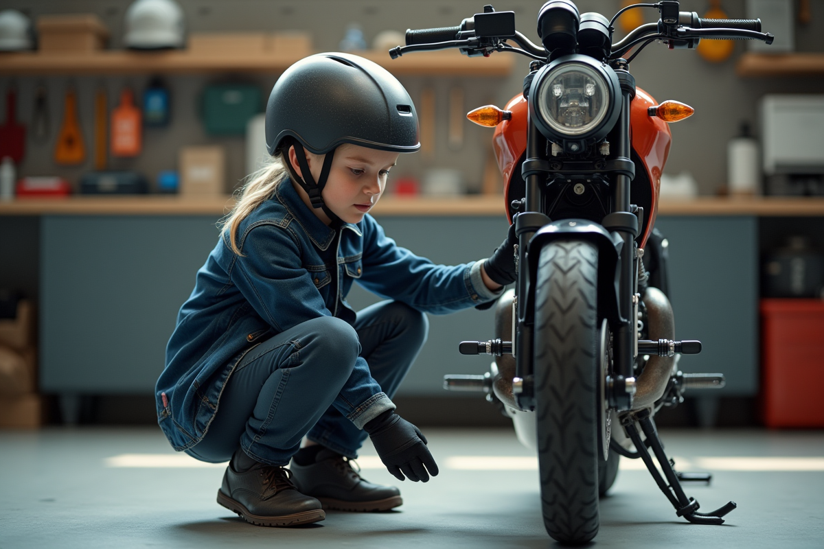 Fille de 9 ans inspectant la moto dans le garage