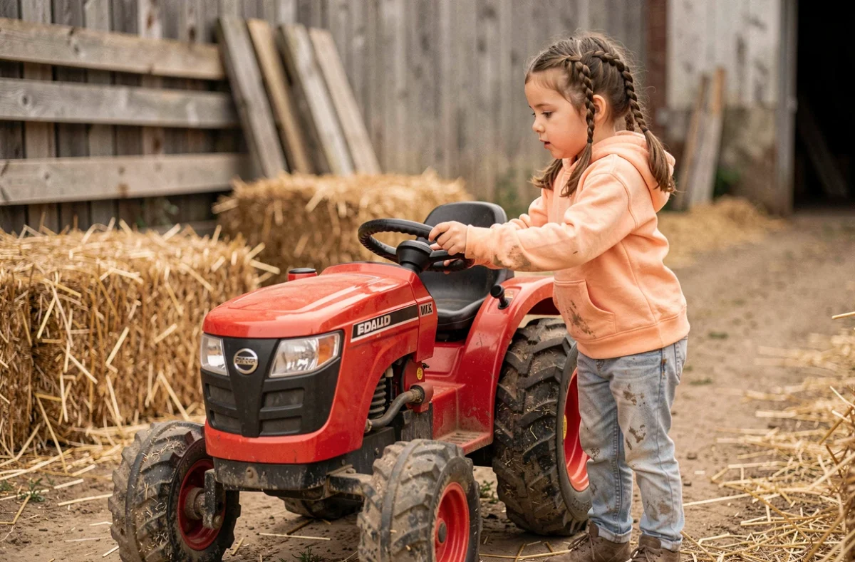 Fillette de 7 ans à côté d'un tracteur jouet électrique rouge sur un chemin de ferme en terre battue